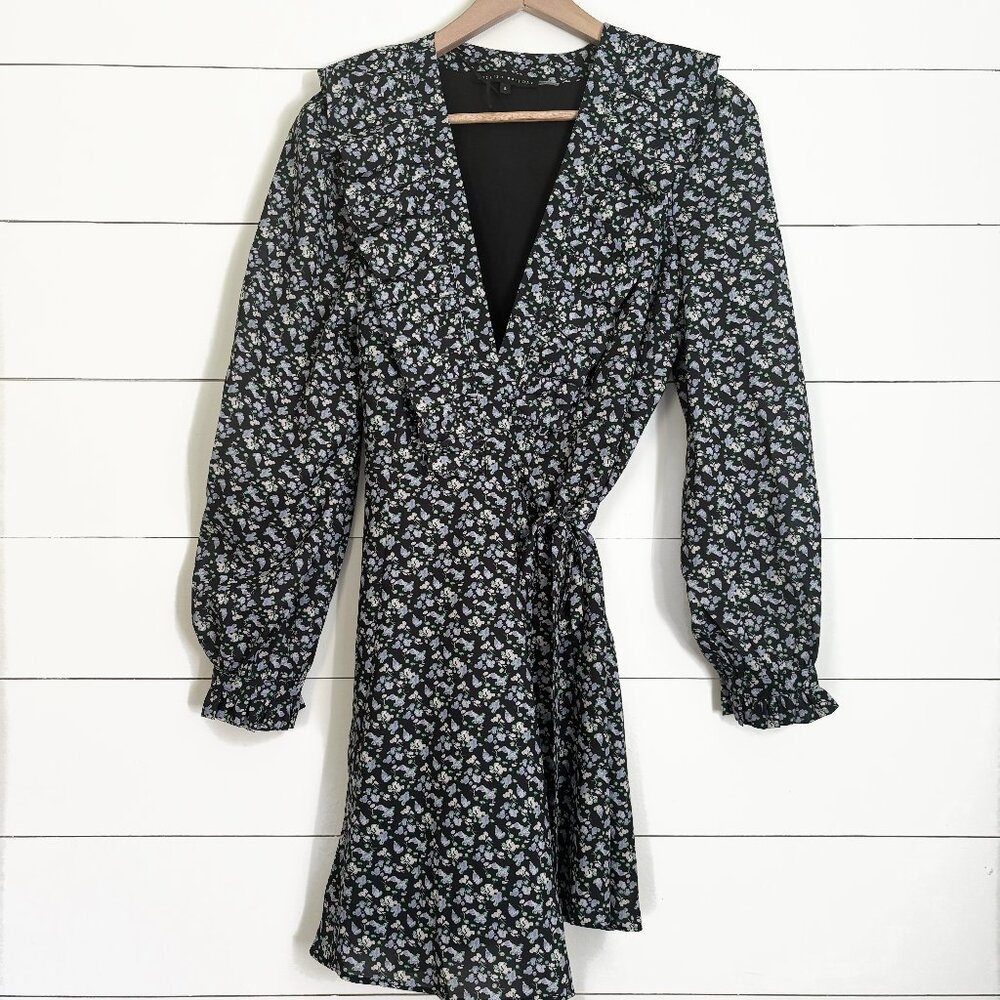 English Factory NWOT black with blue floral wrap dress with ruffle collar